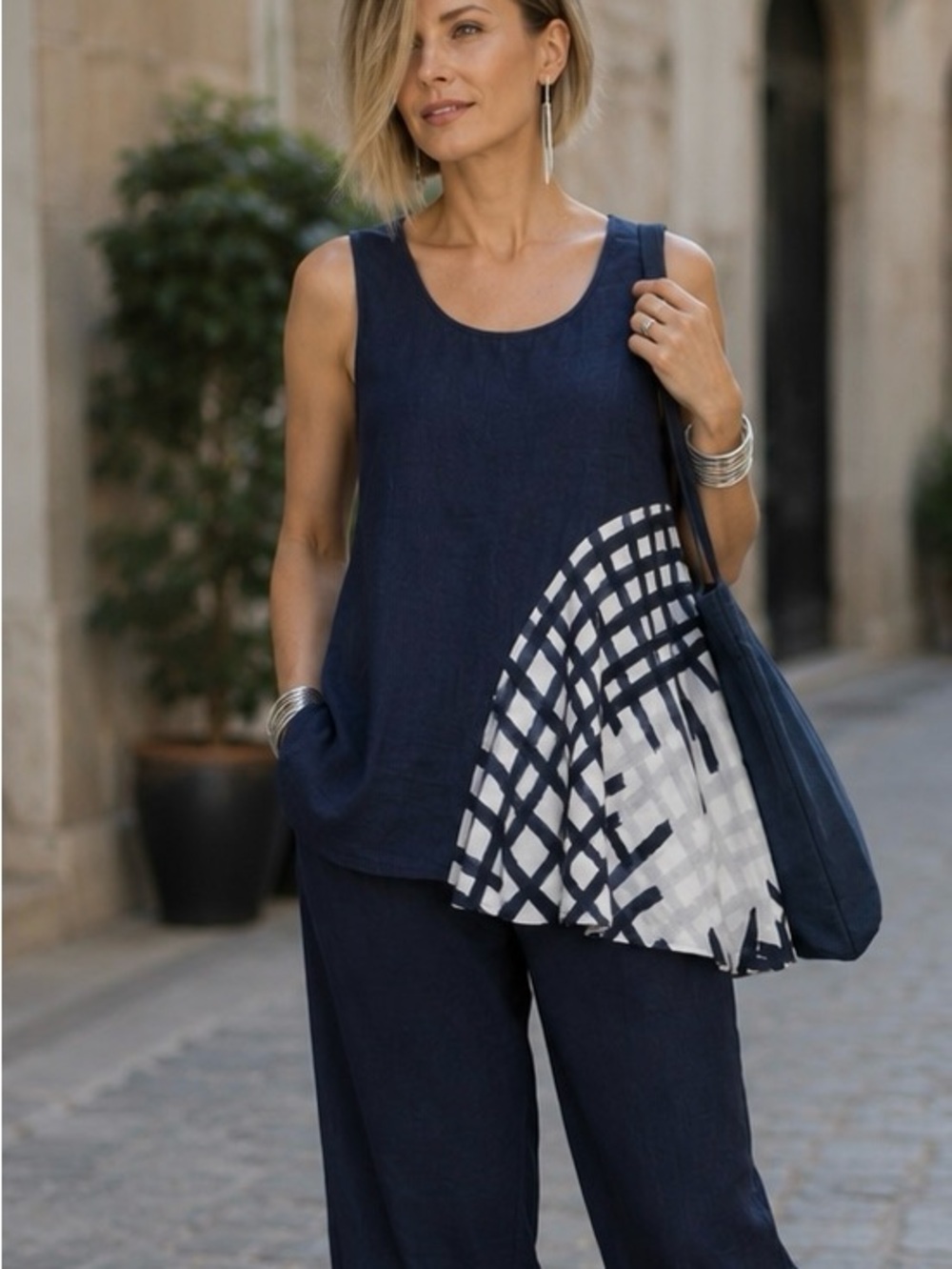 Crea Concept | Sleeveless Navy Blue Linen-Blend Asymmetrical Top